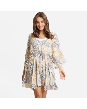 TRUEDAMES Boho Mixed Print Drawstring Mini Tunic Dress - Yellow