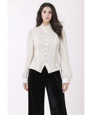 TRUEDAMES Elegant Satin-Finish Victorian Button-Up Top - White