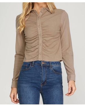 She + Sky Long Cuff Sleeve Brushed Stretch Knit Top - Blue