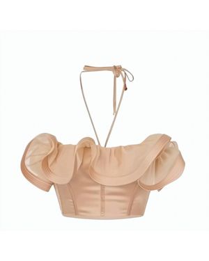 Elisabetta Franchi Satin Bandeau Tulle Maxi Ruffles Top - Natural