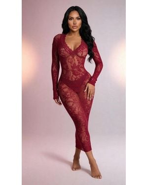 TRUEDAMES Sheer Floral Lace Bodycon Midi Dress - Red