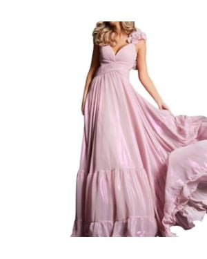 Jovani Metallic Chiffon V-Neck Maxi Dress - Pink