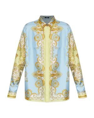 Versace Pastel Baroque-Inspired Silk Scroll Shirt - Blue