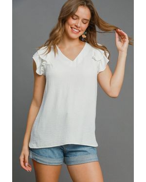 TRUEDAMES Full Size V-Neck Double Layered Ruffle Sleeve Blouse Plus Size - White