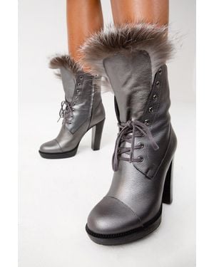 Vinci Leather Shoes The Melo Leather Natural Fur Mid Calf Platform Heel Boot - Gray