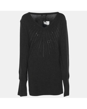 Elena Miro Dark Jersey Embellished V Neck Top - Black