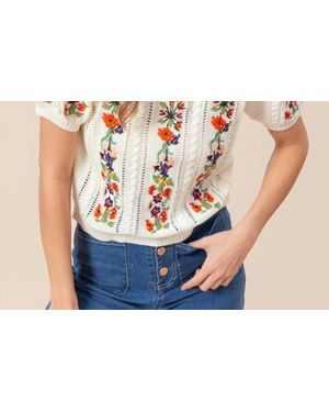 Bibi Floral Embroidered Short Sleeve Sweater - Black