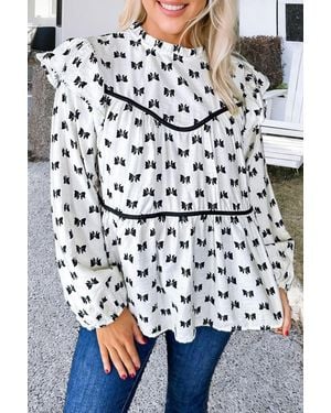 TRUEDAMES Bow Knot Print Piping Trim Ruffled Crew Neck Blouse - Gray