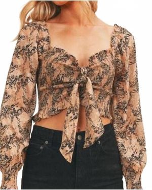Lush Smocked Tie Front Top - Brown