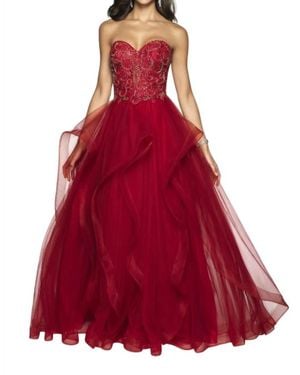 Blush Prom Hand Beaded Tulle Strapless Ruffled Gown - Red