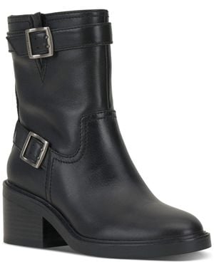 Vince Camuto Vergila Boots Leather Block Heel Biker Bootie Lion568 - Black