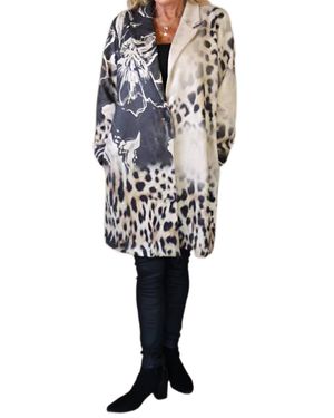 Look Mode Usa Faux Suede Leopard And Flower Print Long Jacket - White