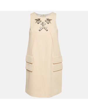 Paule Ka Cream Metal Embellished Stretch Crepe Mini Shift Dress - Natural