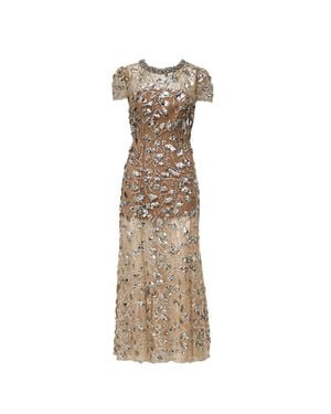 Self-Portrait Sequin Embellished Midi Dress With Flared Silhouette - Natural