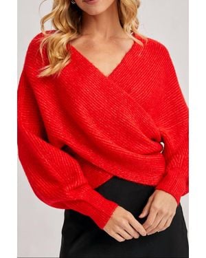 Bluivy Wrap Crossover Ribbed Fuzzy Knit Sweater - Red