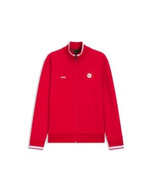 BOSS Cotton-Blend Zip-Up Sweatshirt With Country-Flag Badge - Red