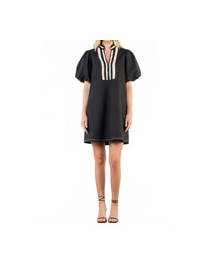 Thml Puff Sleeve Embroidered Textured Dress - Black