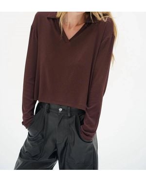 LNA Neve Ribbed Long Sleeve Polo Shirt - Brown