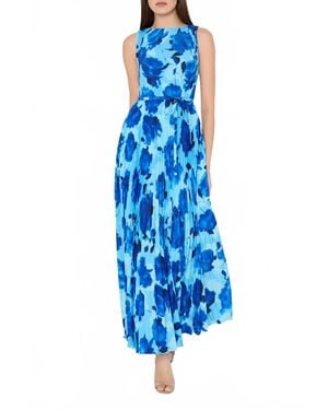 MILLY Jasmine Blurred Blossom Pleated Dress - Blue