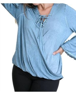 Umgee Drawstring Neckline Bell Sleeve Top - Blue