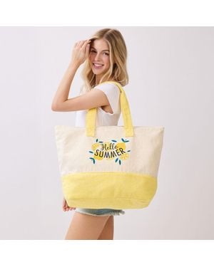 Fashnzfab Hello Summer Message Citrus Graphic Printed Terry Tote Bag - Yellow