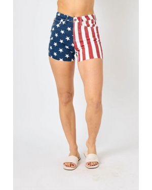 Judy Blue High Waist American Flag Fray Hem Shorts - Blue