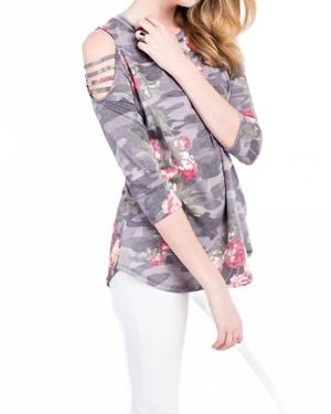 12pm By Mon Ami Floral Cold Shoulder 3/4 Sleeve Top - Pink