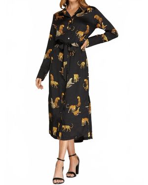 Umgee Long Sleeve Cheetah Cheeta Print Midi Dress - Black