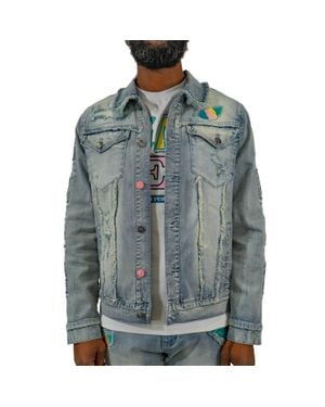 Black Leaf Growth Patchwork Denim Jacket - Green