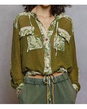 Pol Vintage Washed Floral Print Crochet Jacket - Green