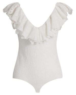 Alberta Ferretti Fitted V-Neck Bodysuit With Ruffled Lace Trim - White