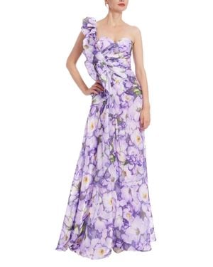 Badgley Mischka Ruffle One Shoulder Floral Gown - Purple