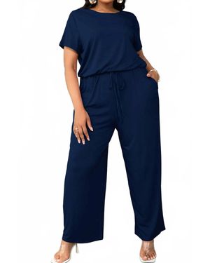 Trendsi Drawstring Waist Short Sleeve Jumpsuit - Blue