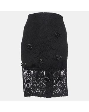 Alexis Brooch Embellished Lace Pencil Skirt - Black