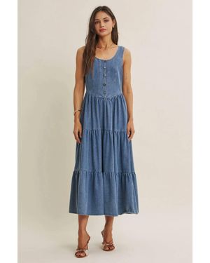 In February Summer Roadtrip Sustainable Denim Tiered Midi Dress - Blue