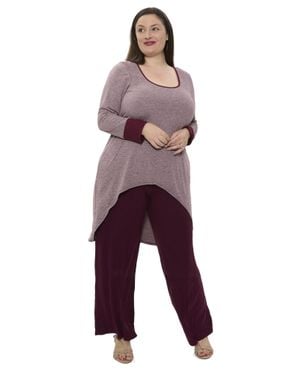 24seven Comfort Apparel Plus Size Two Tone Scoop Neck Long Sleeve High Low Top And Pant Set - Purple