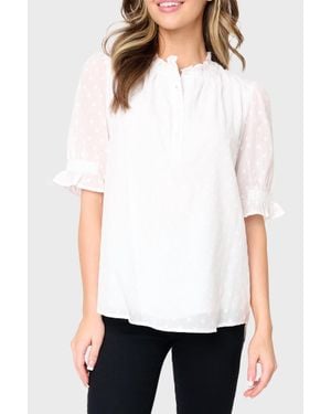 Gibsonlook Dianthus Henley Puff Sleeve Sheer Dot Blouse - White