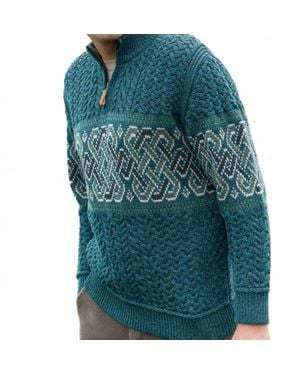 Aran Woollen Mills Celtic Jacquard Zip Sweater - Blue