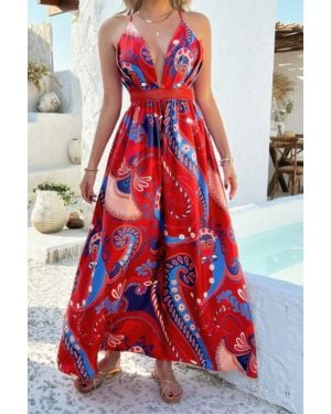 TRUEDAMES Halter Cross Back High Waist Deep V Neck Dress - Red