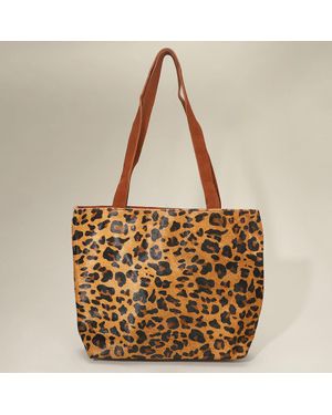 Fashnzfab Genuine Calf Hair Leopard Pattern Print Shoulder Tote Bag - Metallic
