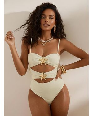 TRUEDAMES Hollow Out Starfish Decorative One Piece Swimsuit Sexy Bandeau Bathing Suit - Brown