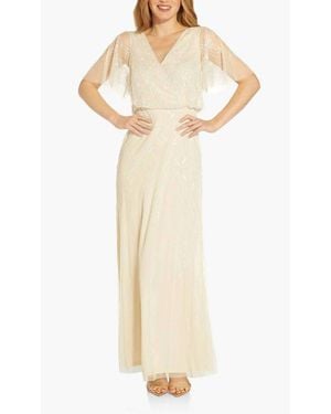 Adrianna Papell Beaded Flutter Sleeve Evening Dress - Natural