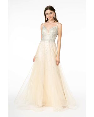 TRUEDAMES Champagne A-Line Formal Mesh Prom Gown - Natural