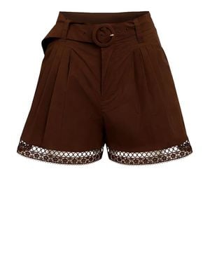 Twinset High-Waisted Shorts With Pleated Detailing And Lace Trim - Brown
