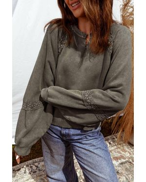 1 the Woman Lace Patchwork Detail Notched Neck Mineral Wash Sweatshirt - Brown