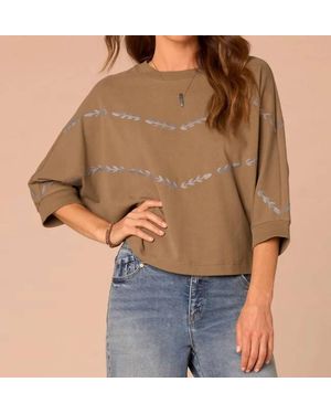 Democracy Three Quarter Dolman Sleeve Scoop Neck Embroidered Knit Top - Brown