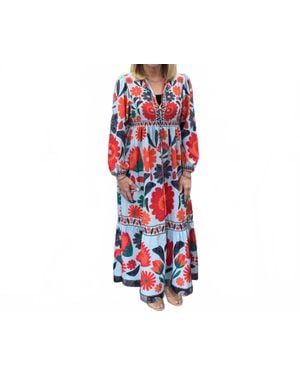 Rosa Clothing Vibrant Bohemian Tropical Long Sleeve Dress - Red