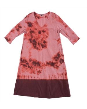 Suzusan Cotton Gingham Check 3/4 Sleeve V Neck Dress - Red