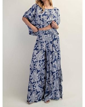 Eesome Paisley Printed Side Tie Wide Leg Pants - Blue