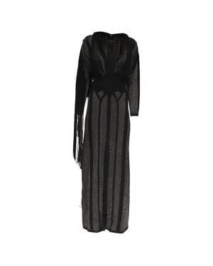 Hervé Léger Knitted Fringed Long Sleeve Maxi Dress - Black